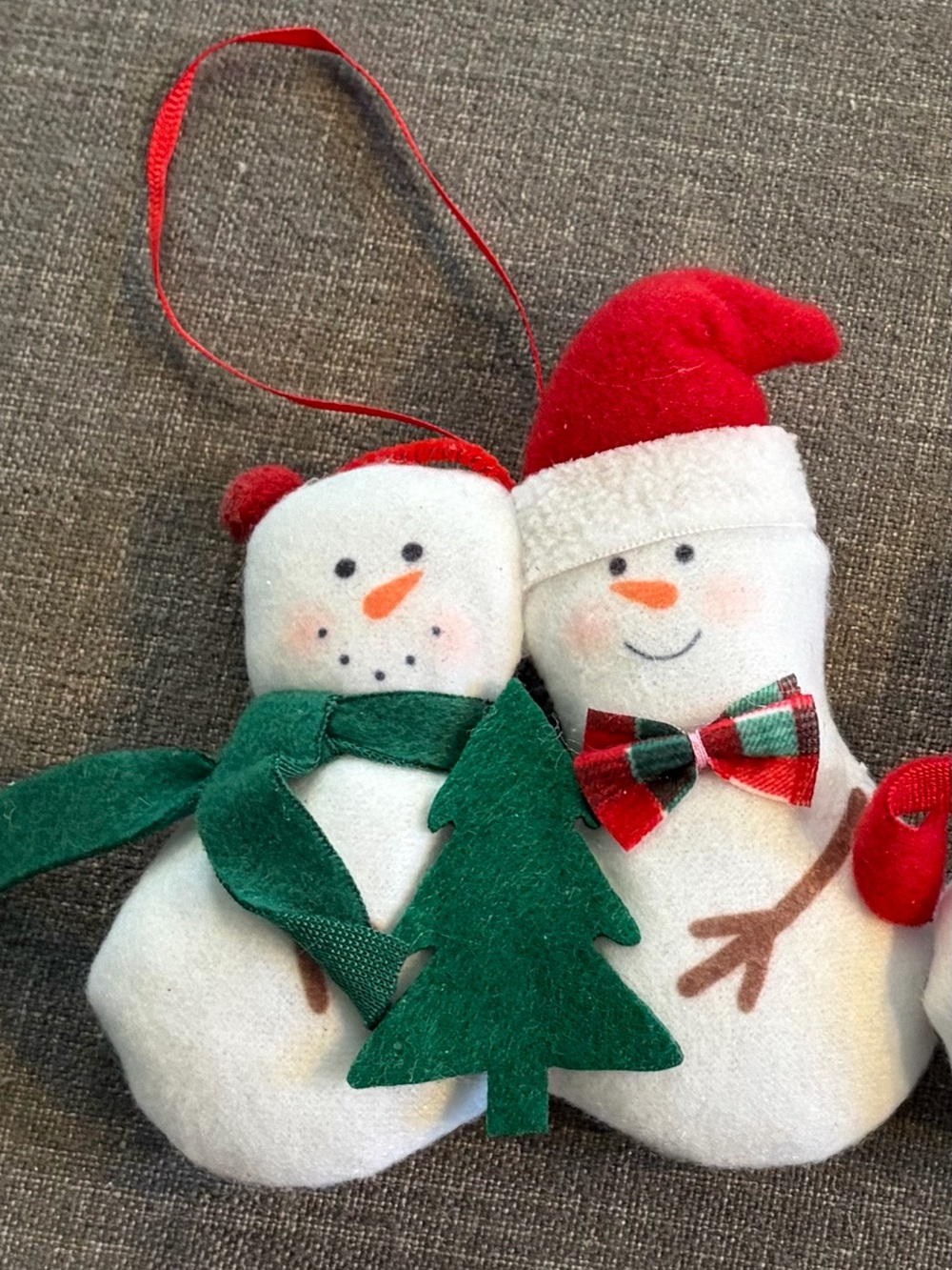 Snowman Couple Plush Christmas Ornament Red Green Holiday Decor
